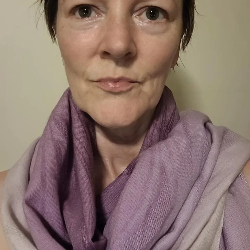 Merino Wool Fashion Scarf (Ivory & Purple) with Tassels (EUC; never worn)